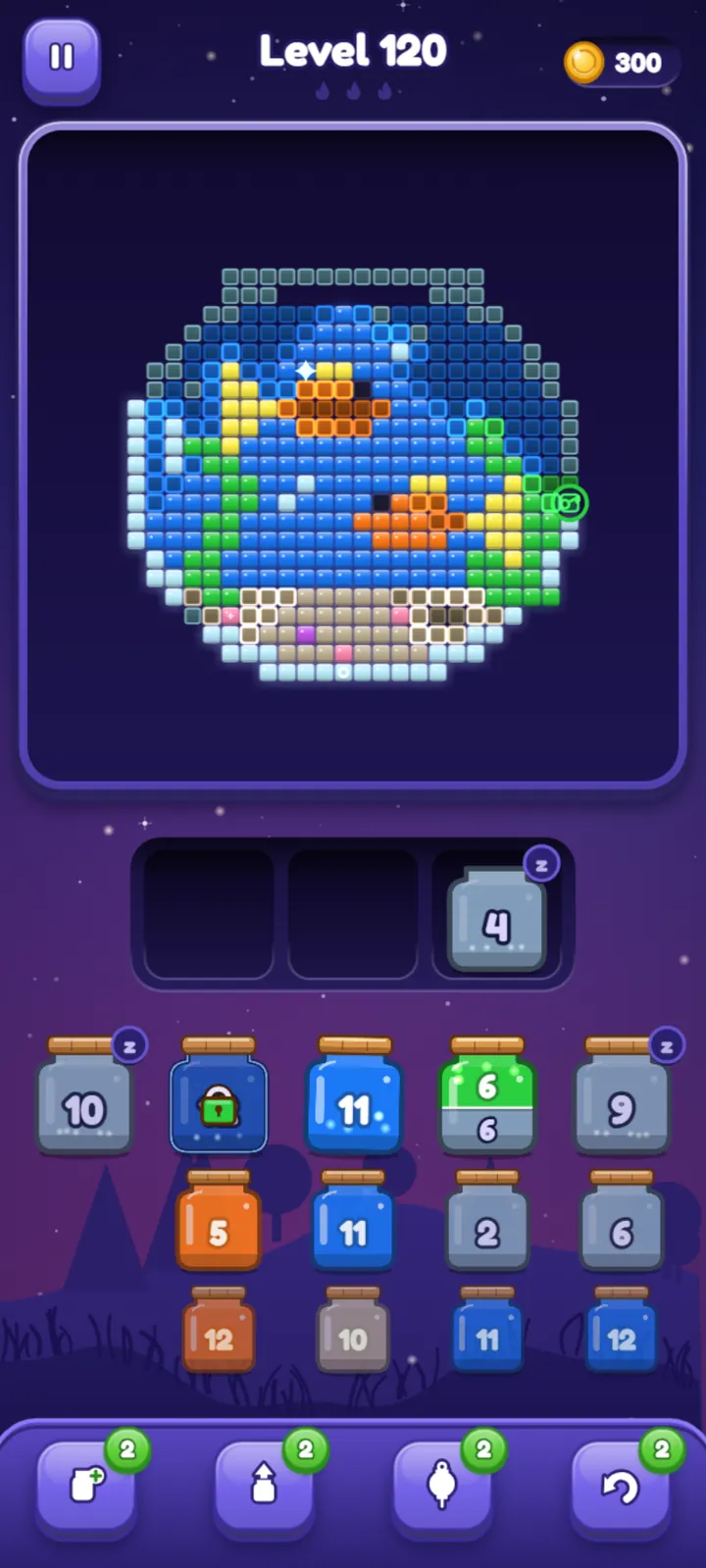 Glowjar mid-game on level 120: a half-lit aquarium picture above three waiting slots and rows of numbered firefly jars, one of them locked.